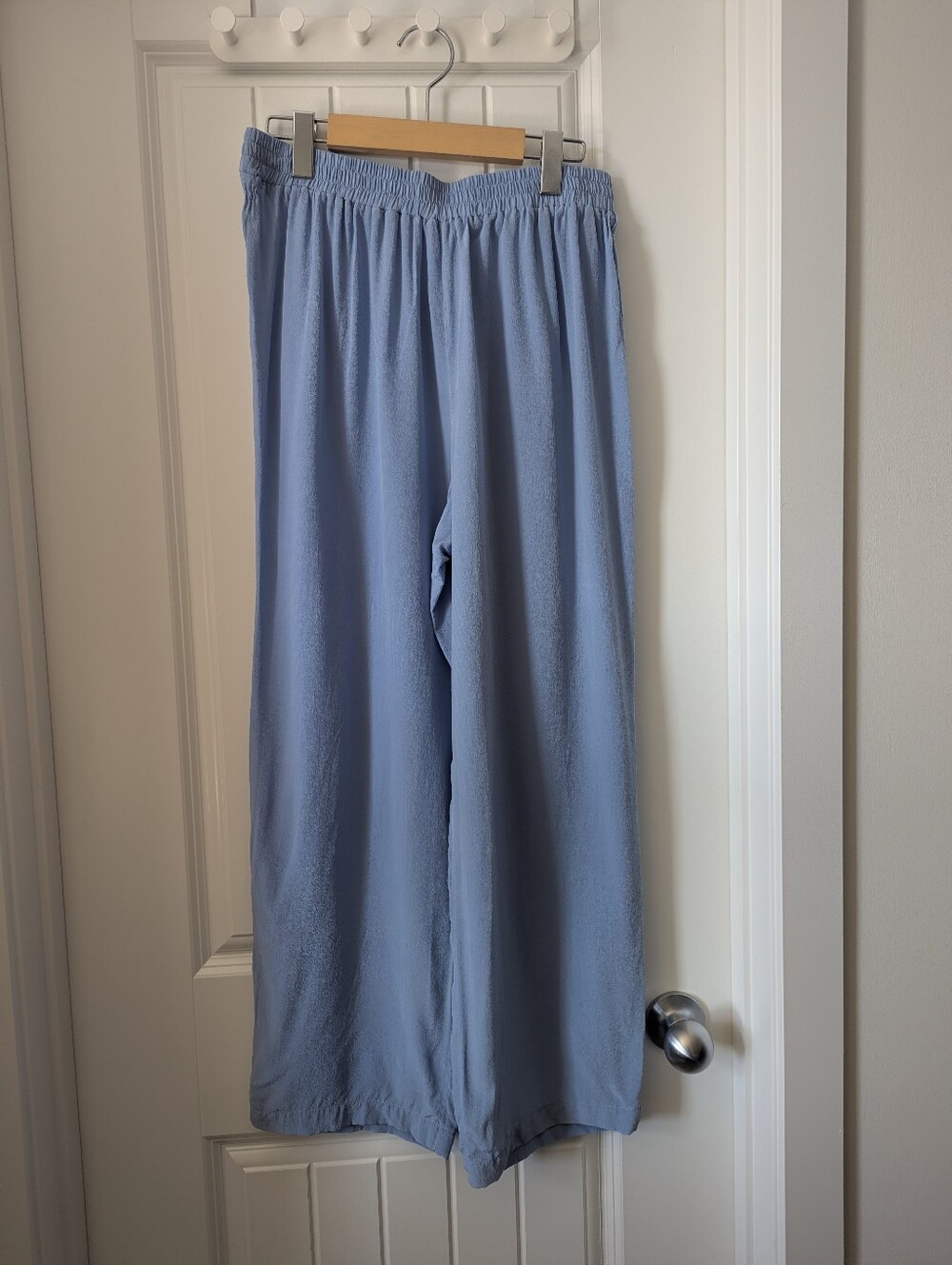 Silk Light Blue Elastic Waist Wide-Leg Pants